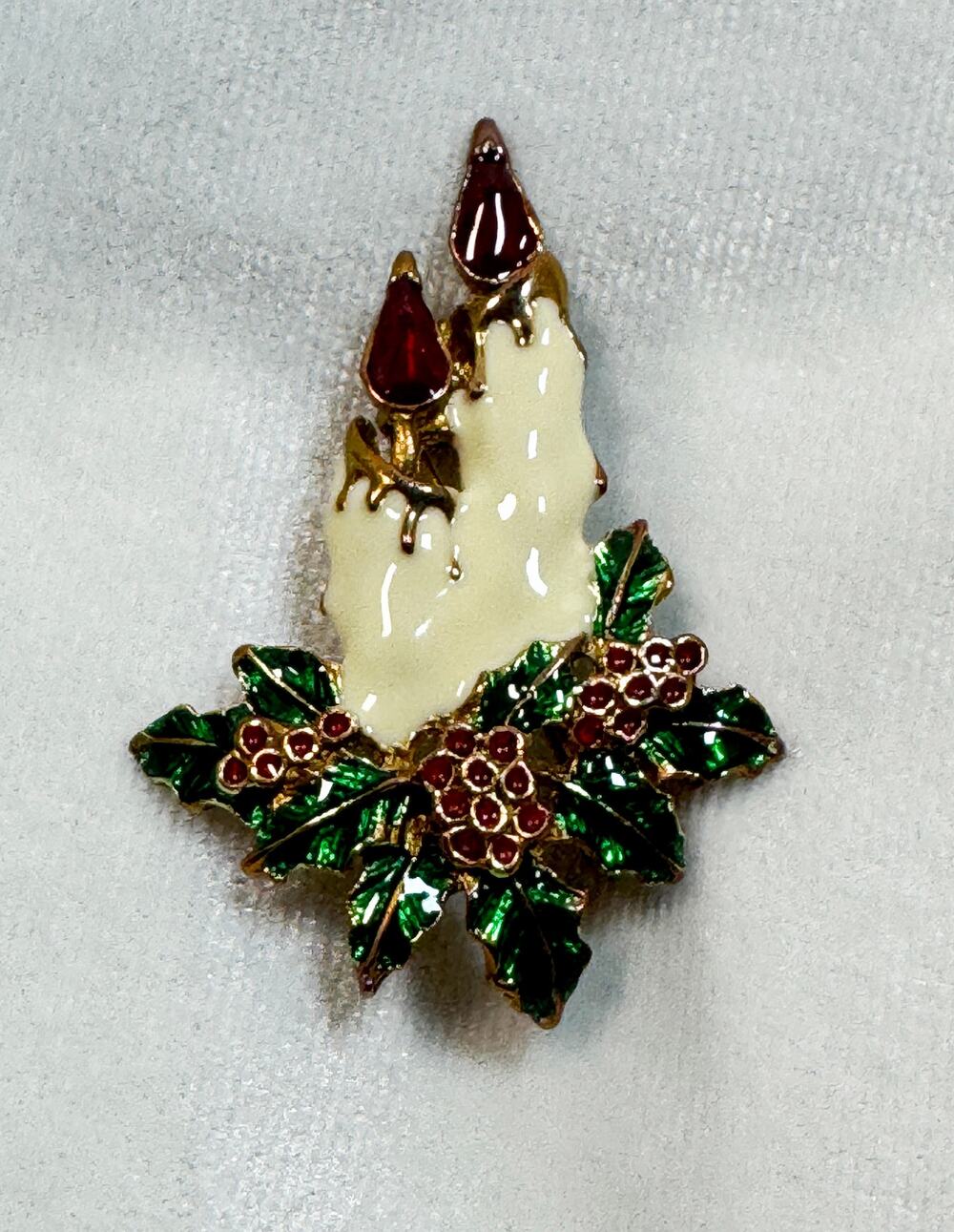 Vintage Enamel Christmas Candle Brooch Pin Holly Berries Holiday Jewelry CP185